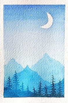 watercolor painting of mountains and trees with the moon in the sky