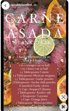 the menu for garne asasaba steak steaks with orange slices and herbs