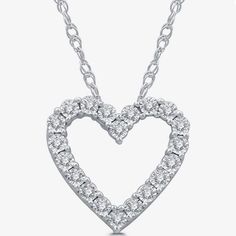 This Is A Brand New In The Box Genuine Diamond Sterling Silver Heart Pendant Necklace Womens 1/10 Ct Features: In A Gift Box Diamond Clarity: I3 Jewelry Closure: Spring Ring Clasp Link Construction: Solid Setting: Nick Shape: Heart Stone Cut: Round Diamond Color: I-J Metal Color: White Chain Length: 18 Inch Pendant Length: 15.1mm Pendant Width: 15.5mm Rounded Carat Weight: 1/10 Ct. T.W. Metal: Sterling Silver Chain Construction: Rope Care: Wipe Clean Stone Type: 20 Genuine Diamond Authenticity: White Diamond Necklace With Heart Charm For Anniversary, White Heart-shaped Diamond Necklace With Accents, White Diamond Open Heart Necklace, White Heart-shaped Diamond Accent Necklace, White Diamond Cut Open Heart Necklace, White Open Heart Necklace With Diamond Accents, White Open Heart Brilliant Cut Necklace, White Open Heart Diamond Cut Necklace, White Brilliant Cut Open Heart Necklace