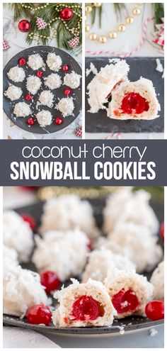 coconut cherry snowball cookies on a plate