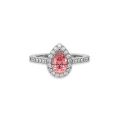 This Fancy Pink Pear Diamond Halo Engagement Ring is made with a fancy pink pear solitaire diamond set in a four-prong setting, surrounded by a halo of round diamonds all set on a pave band with round cut diamonds.Details: - Made to Order- Focal Diamond Weight: 1.00 CT, 1.25 CT, 1.50 CT, 1.75 CT, 2.00 CT, 2.50 CT, 3.00 CT- Accent Diamond Weight: 0.47 CT - 0.60 CT (Carat weight varies based on chosen Focal Diamond) - Diamond Type: Lab Grown Diamond (CVD, HPHT)- Focal Diamond Cut: Pear- Accent Dia Pink Teardrop Jewelry With Halo Setting, Pink Teardrop Halo Setting Ring, Pink Pear-shaped Diamond Ring With Halo Setting, Pink Pear-shaped Halo Diamond Ring, Pear Shaped Pink Ring For Formal Occasions, Pink Pear-shaped Ring For Formal Occasions, Pink Pear-shaped Formal Rings, Formal Pink Pear-shaped Rings, Pink Promise Ring With Halo