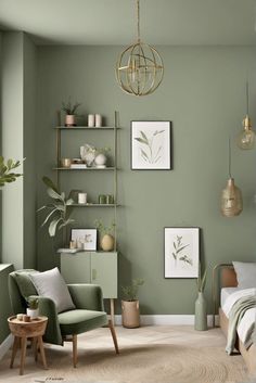 Sage Green Paint, Perfect Hue, Interior Design, Color Inspiration Sage Green Paint Pallet, Blue Sage Bedroom, Dried Sage Paint Color, Green Paint Room Ideas, Sage Green Accent Wall Kitchen, Sage Green Interior Color Palette, Sage Green Paint Bedroom, Sage Green Interior Paint, Sage Feature Wall