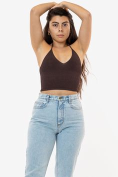 Thalia is 5'5 wearing size S V Neck Halter Top, Powder Blue Color, Fully Fashioned, Leather Mini Skirt, Neck Ties, Navy And Brown, Leather Mini Skirts, Less Is More, Navy Color