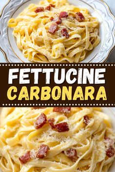 this is an image of fettuccine carbonara with bacon and cheese on top