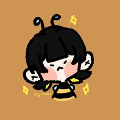 an animated drawing of a girl with black hair and a bee on her chest, wearing a