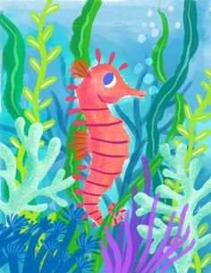 a painting of a sea horse surrounded by plants and corals on a blue background