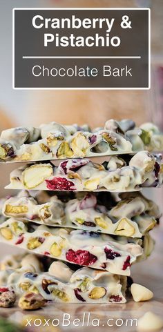 image of a stack of cranberry pistachio bark with white chocolate. Cranberry Pistachio Bark, White Chocolate Tart, Pistachio Bark, Pistachio White Chocolate, Holiday Treats Recipes, Christmas Bark, White Chocolate Bark