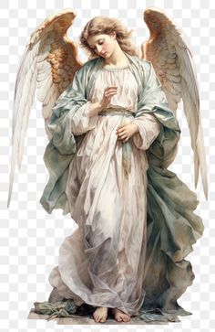 an angel with white wings holding a cross in his hands, on a transparent background