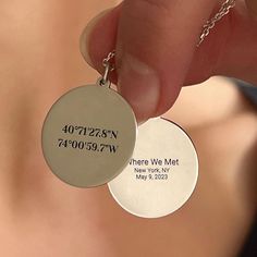 Capture a special place in the universe with our personalized GPS coordinates charm. Celebrate a meaningful location by marking it with its unique GPS coordinates. Customize your charm in just a few simple steps. Start by selecting the exact coordinates of your special place. You can also personalize your charm with a heartfelt engraved message. We'll send you a preview of your order to confirm the chosen design. This unique keepsake is ideal for commemorating birthdays, anniversaries, or any significant event. Create a beautiful tribute that will be cherished forever. Specification: Material: 14K pure Gold or 925 Sterling Silver Dimensions: 20 mm charm; 45 cm chain length Meaningful Engraved Charm Necklaces For Personalized Gifts, Adjustable Engraved Meaningful Charm Necklaces, Meaningful Engraved Charm Necklace For Best Friend, Engraved Pendant Charm Necklace For Best Friend, Coordinates Necklace, Coordinates Gift, Coordinates Jewelry, Gps Coordinates, Necklace For Girlfriend