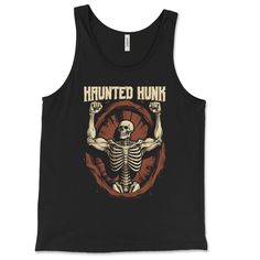 Haunted Hunk" - Gay Halloween Skeleton Flexing Tank Top - Hunky Tops Halloween Grunge Sleeveless Vest, Punk Black Tank Top For Halloween, Punk Style Black Tank Top For Halloween, Grunge Tank Top For Halloween Streetwear, Grunge Sleeveless Vest For Halloween, Sleeveless Grunge Vest For Halloween, Halloween Black Tank Top For Streetwear, Halloween Streetwear Tank Top, Halloween Streetwear Sleeveless Tank Top