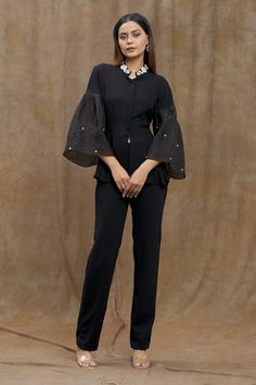 Black peplum top with pearl, cutdana, bead embellishment on neckline and bell sleeves. - Aza Fashions Black Peplum Top, Bead Embellishment, Black Peplum, Fashion App, Top For Women, Online Tops, Mandarin Collar, Aza Fashion, Peplum Top