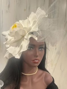 "This fascinator hat is ready to ship today from Tennessee, USA.  I ship quickly and package safely in boxes.  See more beautiful choices at https://www.etsy.com/shop/equineelan This lightweight and gorgeous fascinator hat is a big 12\" white dog rose flower and has a big bow of WHITE tulle for a Stunning and Original Look!  Classic but Couture! A true Kentucky Derby Original.   The hat attaches to your head with an elastic band. This is easier and more secure than using a plastic hatband. Place elastic behind your ears and under your hair at the base of your neck. Then slide the flower to the tilt position on your head and close to your eyebrow. Adjust until you get the look in photo or how you desire. It's easy.  The Hat FLOWER is True White.  Tulle Ribbon is White.  Flower measures appr White Headband Fascinator As Gift, White Tulle Fascinator For Party, White Headpieces For Summer Gifts, White Summer Headpieces For Gifts, White Summer Headpieces As Gifts, White Summer Headpiece Gift, White Fascinator For Kentucky Derby Gift, White Headpieces For Spring Gift, White Headpieces As A Spring Gift