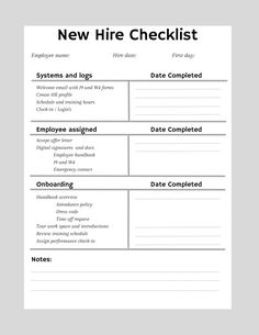 the new hire checklist is shown in black and white, with text on it