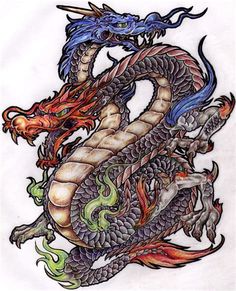 a drawing of a dragon with red and blue colors on it's body, sitting in