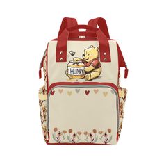 a winnie the pooh backpack is shown with hearts and flowers on it, as well as a teddy bear