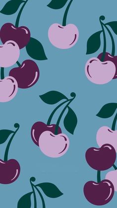 a blue background with cherries and leaves on it's sides in shades of pink, purple, and green