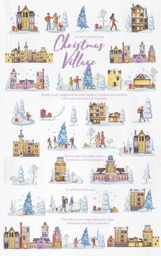 the christmas village poster is shown in blue and white