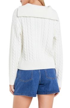 Cabled and rib stitches create subtle textural contrast on this layer-ready quarter-zip sweater. Quarter-zip closure Stand collar Long sleeves 100% cotton Hand wash, dry flat Imported White Half-zip Sweater, White Half-zip Top With Ribbed Collar, White Cable Knit Long Sleeve Polo Sweater, White Half-zip Sweater With Ribbed Cuffs, White Ribbed Collar Polo Sweater For Fall, White Knit Outerwear With Ribbed Collar, White Half-zip Outerwear With Ribbed Cuffs, White Half-zip Sweater With Ribbed Collar, White Cotton Half-zip Outerwear