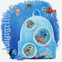 Take A Tour Of The Big Blue With The Loungefly Finding Nemo 20th Anniversary Bubble Pockets Mini Backpack! Journey To The Ocean Floor With Nemo, Marlin, Dory, And Squirt As They Float In Transparent Bubble Zipper Pockets Through A Field Of Glow-In-The-Dark Jellyfish. Turn The Bag Around To See Crush And Bruce Drift Along The Side Pockets, And Join Mr. Ray As He Teaches His Students Below The Bag’s Bubble-Covered Shoulder Straps. Perfect For Adventures On Land Or Sea, This Maritime Accessory Adds Blue Themed Back-to-school Bag, Themed Travel Bags For Back To School, Themed Backpack With Case Included, Themed Travel Backpack Bags, Themed Blue School Bags, Blue Themed School Bags, Themed Travel Bag With Case Included, Blue Backpack With Case For Everyday Use, Themed Standard Backpack For Daily Use