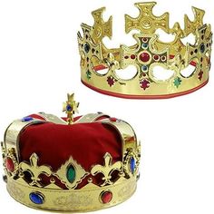 Adjustable King Crowns Royal King Crown Bejeweled Gold Crowns 2 Pack - Funny Party Hats. This King's Dress-Up Set is a truly royal costume. Great to Match most king's costumes or just use it as a Fun Dress Up Set. 1 crown is red with gold and colorful jewels. Very Comfortable, one size fits most. The Second Crown is Gold with Beautiful Colorful Jewels in Colors a True Royal Set!! Great for Mardi Gras, Halloween, Birthday Parties, Baby Showers, Theatrical Productions or Just for Some Fun Dress-Up Royal King Crown, Crowns Royal, King Crowns, King Queen Prince Princess, Boy Crown, Gold Crowns, King Dress, Royal Costume, Medieval Party