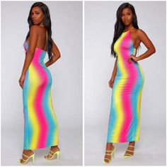 New 100% Polyester Stretch Halter Neck Fitted Rainbow Print Dress, Multicolor Color Block Maxi Dress For Party, Rainbow Fitted Casual Dress, Multicolor Color Block Party Maxi Dress, Casual Fitted Rainbow Dress, Fitted Rainbow Dress For Beach, Summer Party Dress With Rainbow Print, Spring Rainbow Fitted Dress, Party Multicolor Color Block Maxi Dress