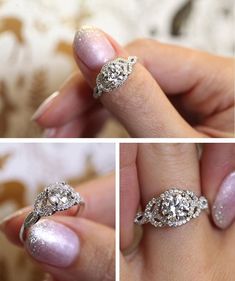 three pictures of an engagement ring with diamonds