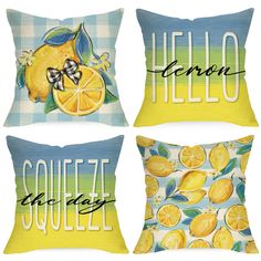 four pillows with lemons on them and the words hello, lemon, squeezer