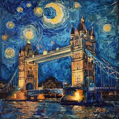 a painting of the tower bridge in london at night