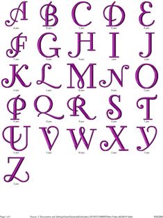 the alphabet is made up of letters and numbers in purple ink, with different font styles