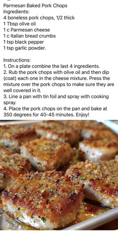 the recipe for baked pork chops is shown in two separate pictures, with instructions on how to cook them