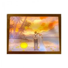 a couple standing in front of a sunset painting