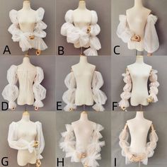 six different types of mannequins with ruffled sleeves