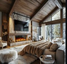 a living room filled with furniture and a flat screen tv mounted on the wall above a fire place