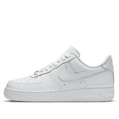 Introducing the Nike Air Force 1 '07 'Triple White' for women. This classic style takes its roots from the iconic 1982 Air Force 1 design, updating it with a modern look and feel for today's trend-conscious wearer. Crafted from white leather featuring a perforated toe box and Swoosh overlays, these sneakers are detailed with Nike heel embroidery and a crisp white sole to complete the look. This versatile sneaker is perfect for hitting the street or hitting the gym - a must-have for any fashionista's wardrobe! Get your pair of Nike Air Force 1 '07 'Triple White' today and take your style to new heights. (AF1/SNKR/Retro/Skate/Low Top/Women's/Non-Slip/Pure White/Wear-resistant) Air Force 1 Size 10, Classic Nike Air Force 1 Low-top, Classic Nike Air Force 1 Low-top For Streetwear, Air Force 1 Design, Meadow Lark, White Af1, White Air Force Ones, Air Force Women, Shoes Png