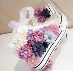 Shoes For Women White, White Black Flowers, Bedazzled Shoes Diy, Pretty Fairy, Bedazzled Shoes, Shoe Makeover, Wedge Loafers, Bling Shoes, Black Flowers