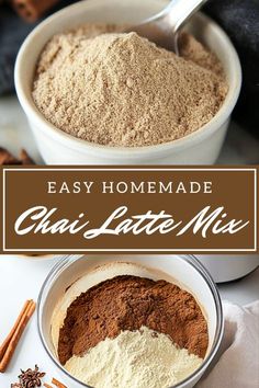 homemade chai latte mix in a bowl with cinnamons and spices around it