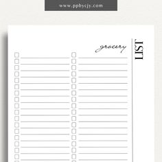 a printable list with the words, grocery list and shopping list written in cursive writing