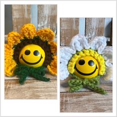 two crocheted sunflowers, one with a smiley face and the other with a green leaf