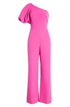 A shoulder-baring neckline and fluttery puff sleeve frame a party-ready jumpsuit cut from comfortable stretch crepe. 61" length Hidden side-zip closure One-shoulder neck Single short sleeve Lined 88% polyester, 12% spandex Dry clean Imported Hot Pink Sparkly Jumpsuit, Hot Pink Strapless Jumpsuit, One-piece Pink Jumpsuit For Vacation, Glamorous Pink V-neck Jumpsuits And Rompers, Chic Pink One-shoulder Jumpsuit, One Shoulder Jumpsuit, Eliza J, Stretch Crepe, In Hot