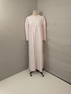 "Old fashioned style nightgown with lace, satin, and embroidered detail. Classic, modest, and full comfortable shape. Lightweight flannel interior and satin exterior, fabric tag reads polyester nylon blend Fabric is soft and lightweight. Excellent condition, no stains. Deadstock, never worn. Label is Barbizon, size marked M, shown on an 8 dress form - please go by measurements.  Length 55\" Shoulders 15\" Pit to pit 21\" Bust 48\"  Waist 54\" Hips 56\"   Hem circumference 61\" wt 10oz" Fitted Lace Nightgown For Sleepover, Fitted Lace Trim Nightgown For Sleepover, Lace Trim Nightgown For Sleepover, Fitted Lace Trim Sleepwear For Sleepover, Vintage Nightgown With Lace Trim For Bedtime, Vintage Nightgown For Sleepovers, Vintage Fitted Sleepwear For Sleepover, Fitted Vintage Sleepwear For Sleepover, Vintage Fitted Long Sleeve Nightgown