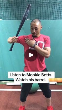 a man holding a baseball bat on top of a tennis court with the caption listen to mookie betts watch his barrel