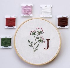 embroidery kit with various threads and spools on white surface, including the letter j