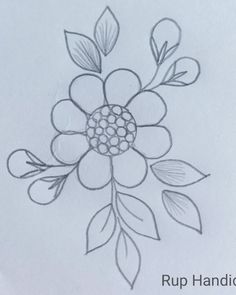 a drawing of a flower with leaves and petals on it's side, drawn in pencil