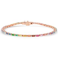 Clean and modern, this tennis bracelet is set with a rainbow of mixed gemstones. This is an excellent choice for someone looking to start a stunning arm stack or add some flair to a stack they already have. Available in 14k yellow, rose or yellow gold 2.45ctw mixed gemstones 6.5" long By Eriness Please allow 2-6 weeks for delivery Tennis Jewelry, Rainbow Stone, Bracelet Tennis, Rainbow Gemstones, Rainbow Bracelet, Elegant Bracelet, Tennis Bracelet Diamond, Sea Glass Jewelry, Diamond Bracelets