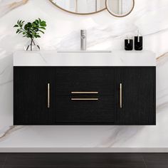 a bathroom vanity with two mirrors above it and a plant on the counter next to it