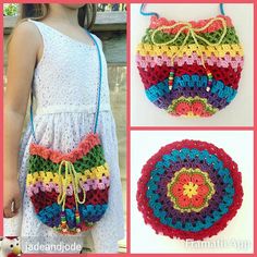 the crocheted purse is made with multicolored yarn