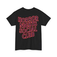 Get ready for nights out at Halloween Horror Nights with your Horror Nights Social Club tee! Get matching tees with your spooky squad out in the fog. Rock and roll skull design featured on front of shirt and Horror Nights Social Club design on back.   Check our other listings for other color options . . . . . .: Made with medium fabric (5.3 oz/yd² (180 g/m consisting of 100% cotton for year-round comfort that is sustainable and highly durable.  .: The classic fit of this shirt ensures a comfy, relaxed wear while the crew neckline adds that neat, timeless look that can blend into any occasion, casual or semi-formal. .: The tear-away label means a scratch-free experience with no irritation or discomfort whatsoever. .: Made using 100% US cotton that is ethically grown and harvested. Gildan is Crew Neck T-shirt With Letter Print For Night Out, Halloween Band Merch T-shirt With Logo Print, Black Halloween T-shirt With Logo Print, Graphic Cotton T-shirt For Night Out, Black Graphic Tee With Glow In The Dark Details, Spooky Letter Print T-shirt For Streetwear, Black Spooky Letter Print T-shirt, Graphic Tee Cotton T-shirt For Night Out, Letter Print Crew Neck T-shirt For Night Out