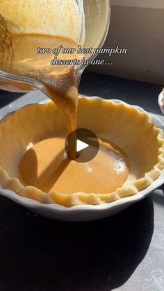 someone pouring batter into a pie crust