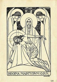 the virgin mary and jesus in black ink on white paper, with an image of two people