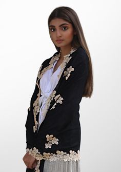 Black Silk and Wool Scarf with a Lt. Gold Leaf Lace Applique & Border Luxury Elegant Scarves With Embroidered Border, Elegant Shawl For Formal Eid Occasions, Elegant Shawl For Eid And Formal Occasions, Elegant Formal Shawl For Eid, Elegant Shawl With Zari Work For Formal Occasions, Elegant Formal Shawl With Zari Work, Luxury Festive Shawl, Elegant Shawl With Zari Work, Elegant Pashmina Shawl With Zari Work